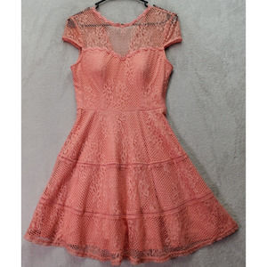 Jodi Kristopher Fit & Flare Dress Womens Size 5 Pink Lace Floral Nylon Back‎ Zip